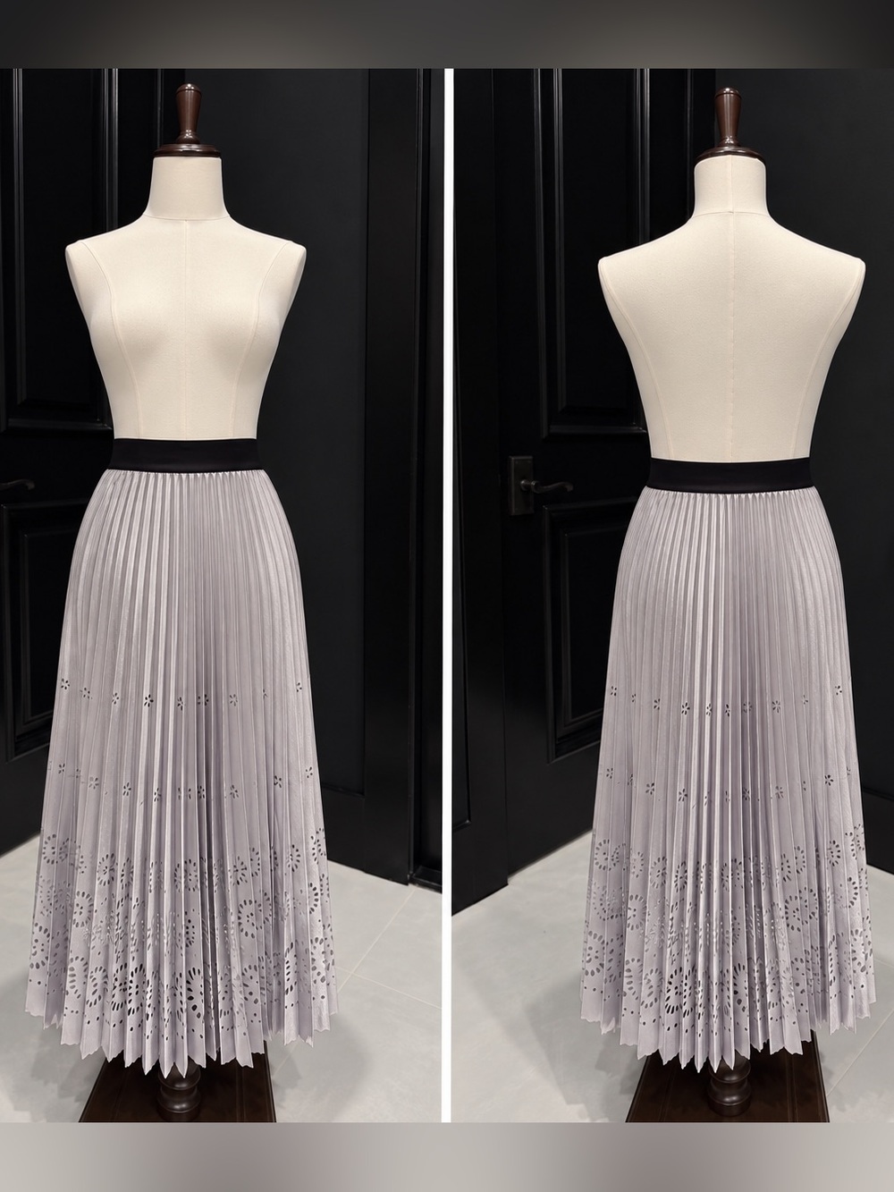 Women's Silver Pleated Midi Skirt with Black Waistband